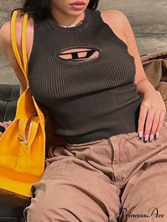 Hollow Out Logo Trendy Bodycon Mini Dress Brown / S