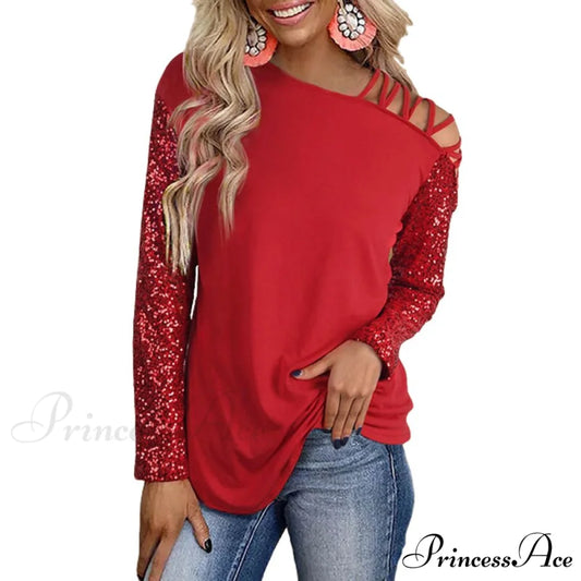 Hollow Out Sequin One Side Cold Shoulder Shiny T-shirt Red / S