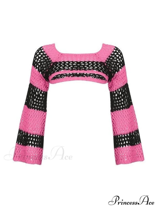 Hollow Out Star Trendy Crochet Knit Top Pink / ONE SIZE