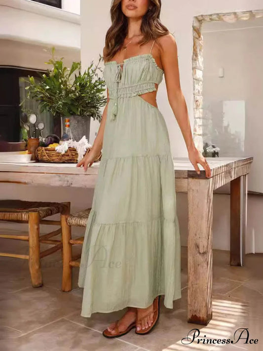 Hollow Sleeveless Pleated Charming Patchwork Full Hem Dress Green / S