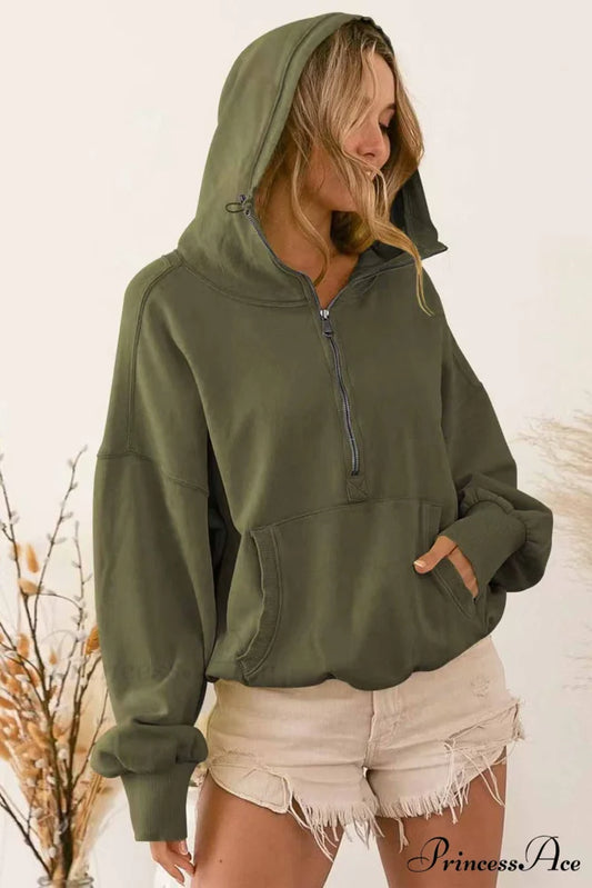 Hooded Sweatshirt with Zipper Pocket and Drawstring Army Green / S