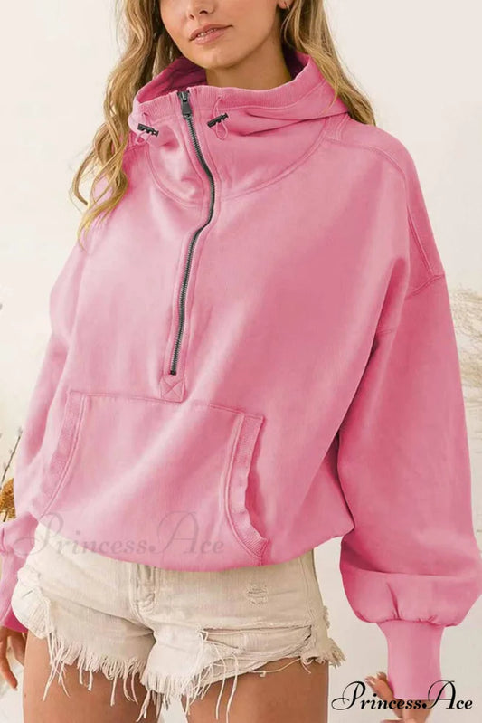 Hooded Sweatshirt with Zipper Pocket and Drawstring Pink / S
