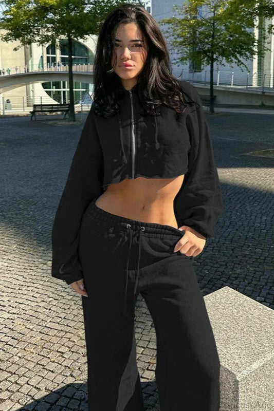 Hooded Zipper Cropped Slim Fit Casual Two Piece Set