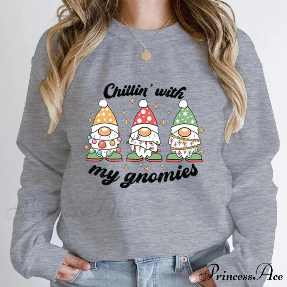 Hoodless Light Chillin’ Gnomies Round Neck Pullover Christmas Hoodie GRAY / S Christmas Hoodies-L