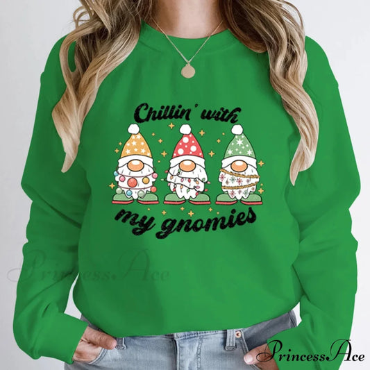 Hoodless Light Chillin’ Gnomies Round Neck Pullover Christmas Hoodie Green / S Christmas Hoodies-L