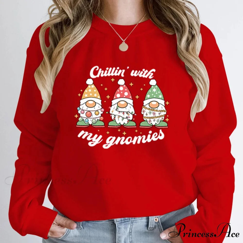 Hoodless Light Chillin’ Gnomies Round Neck Pullover Christmas Hoodie Red / S Christmas Hoodies-L