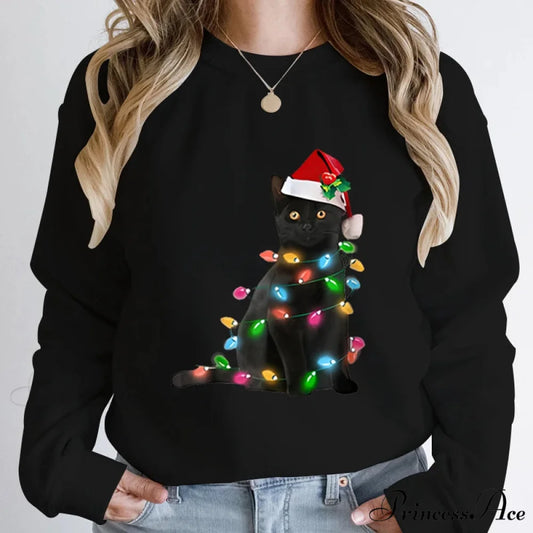 Hoodless Pullover Cute Black Cat Christmas Light Print Hoodie Black / S Christmas Hoodies-L