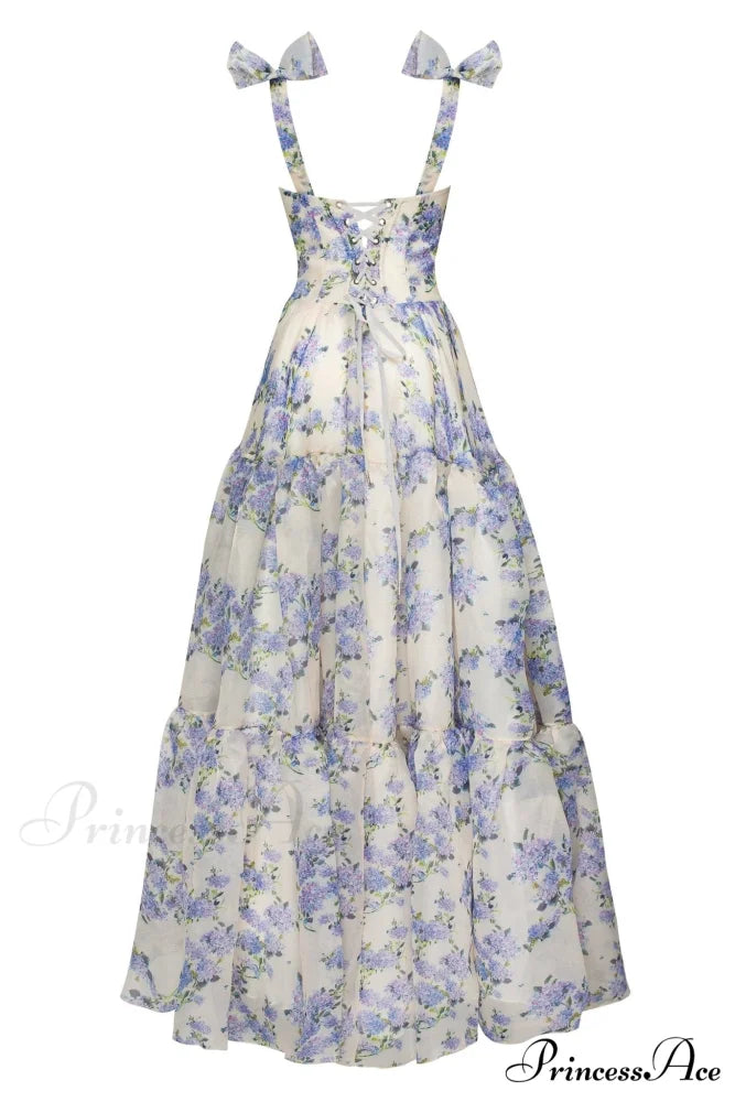 Hydrangea Tender Floral Charming Maxi Tie-Strap Dress