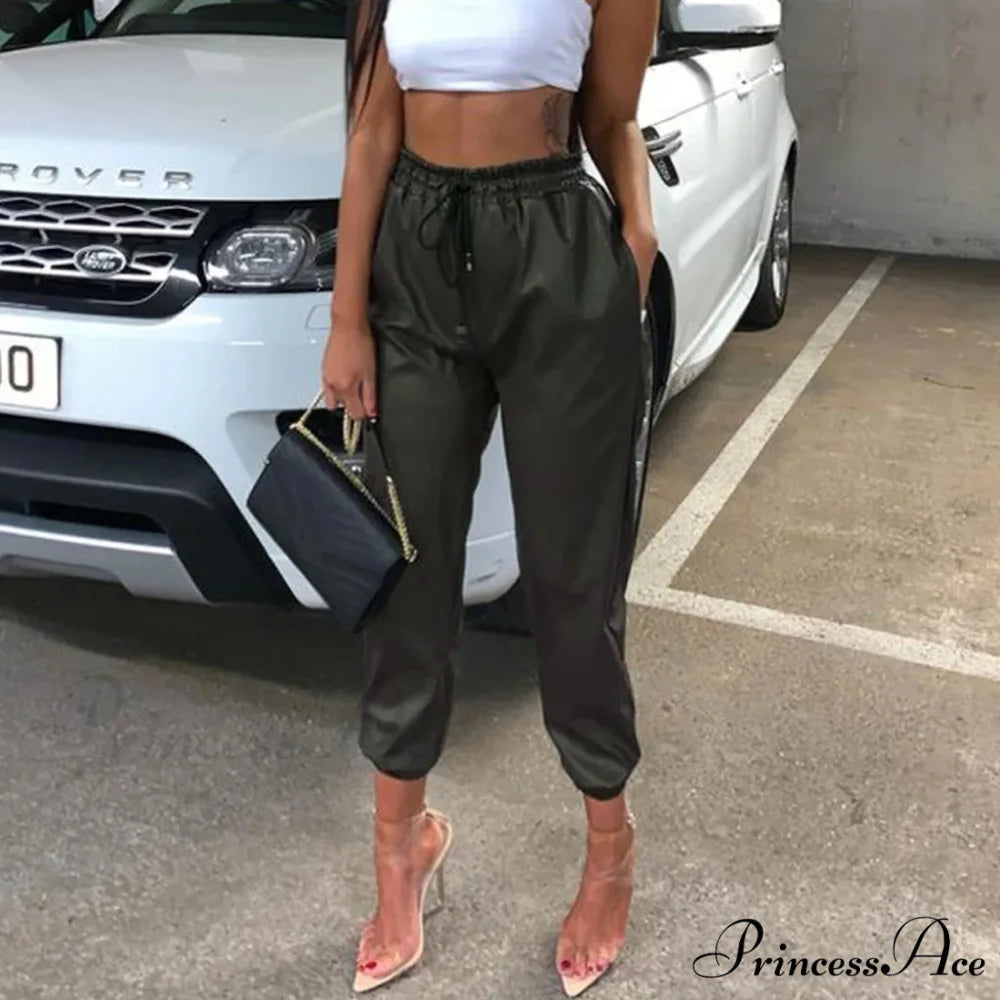 Imitation Leather Elevated Waist Joggers Trousers Green / S pants-241228