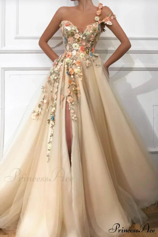 Impression One-Shoulder Graceful Embroidered Maxi Dress Champagne / 2