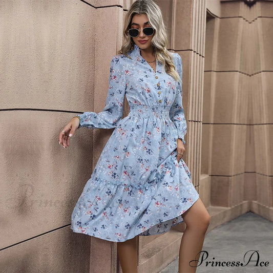 Informal A-line V-neck Floral Dress Baby blue / S oldfloraldress-250126