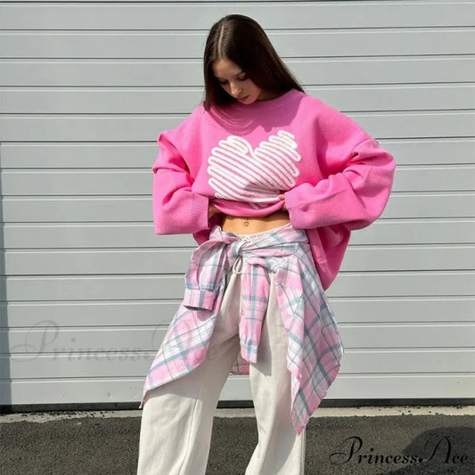 Informal Affection Print Round-neck Extended Sleeve Sweater Pink / S swraters-241228