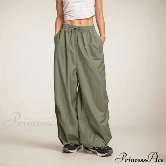 Informal Broad Leg Sweatpants with Pockets Green / S pants-241228