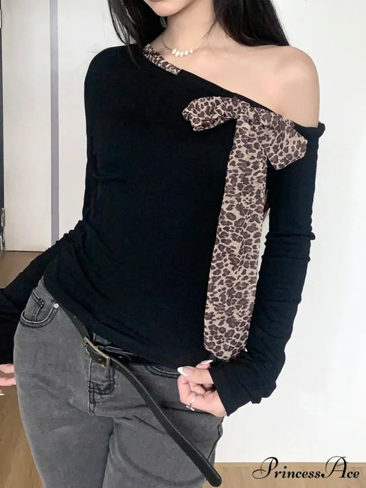 Informal Cheetah Ribbon Trimmed Crew Neck Knit Top Black / S knittop-250126