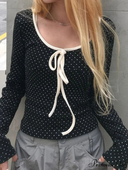 Informal Different Color Dot Printed Slim O-Neck Knit Top Black / S knittop-250126