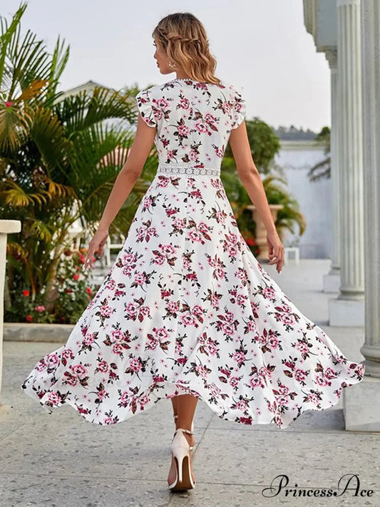 Informal Flowery Lace Neckline Uneven Waist Dress oldfloraldress-250126