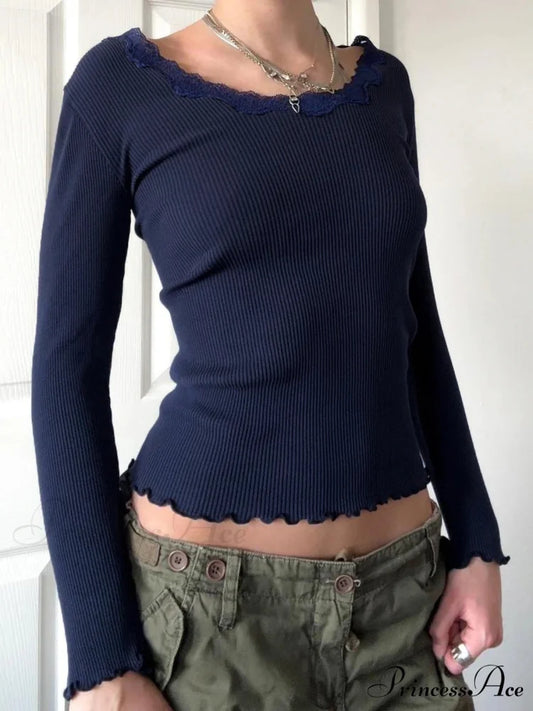 Informal Fundamental Lace Trim Slender Patchwork O-Neck Knit Top Blue / S knittop-250126