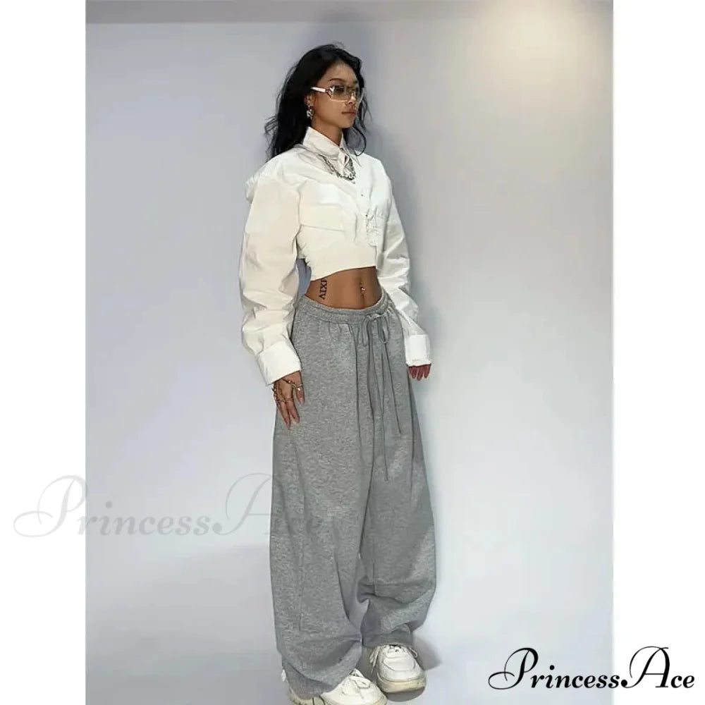Informal Gray Broad Leg Sweatpants Trousers pants-241228