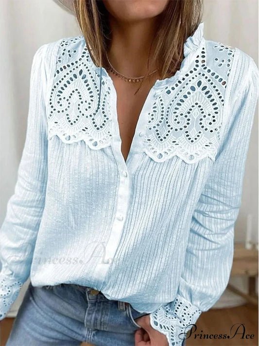 Informal Lace Round-neck Baggy Top Light Blue / S blouse-250126