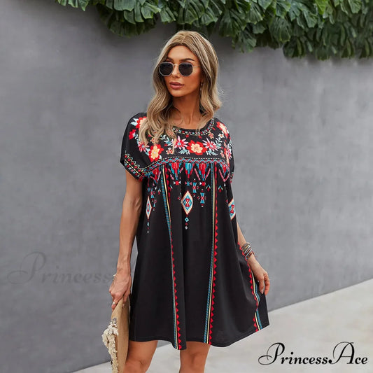 Informal round-neck Cotton Bohemian Dress Black / S bohodress-250126