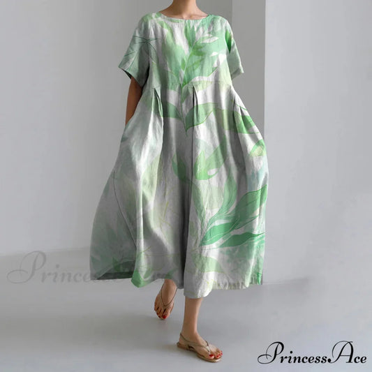 Informal Round Neck Flower Pattern Baggy Long Summer Dress oldfloraldress-250126