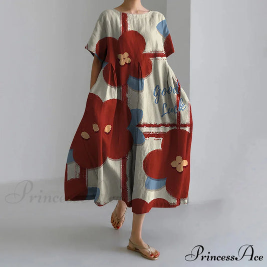 Informal Round Neck Flower Pattern Baggy Long Summer Dress red1 / S oldfloraldress-250126