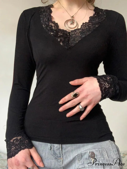 Informal Solid Lace Trim Slender V-Neck Knit Top Black / S knittop-250126