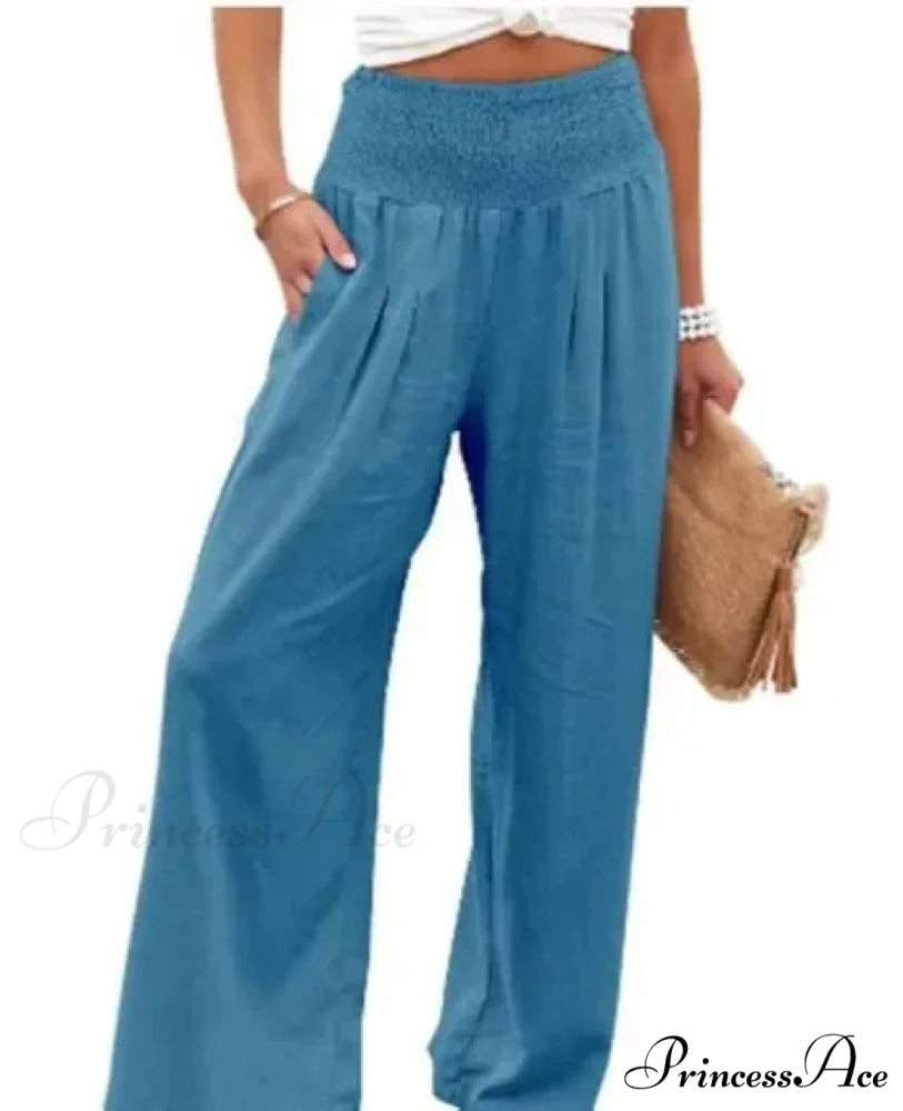 Informal Stretchy Waist Linen Broad Trousers Blue / S pants-241228