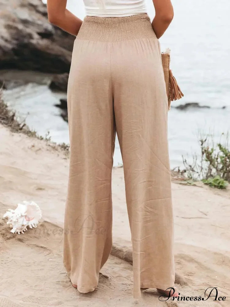Informal Stretchy Waist Linen Broad Trousers pants-241228