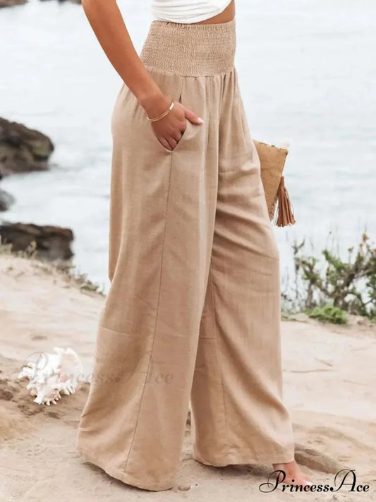 Informal Stretchy Waist Linen Broad Trousers pants-241228