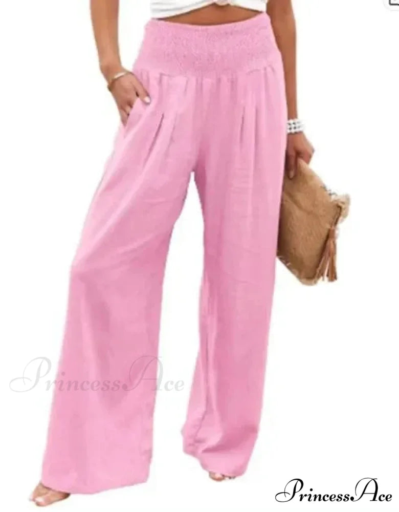 Informal Stretchy Waist Linen Broad Trousers Pink / S pants-241228
