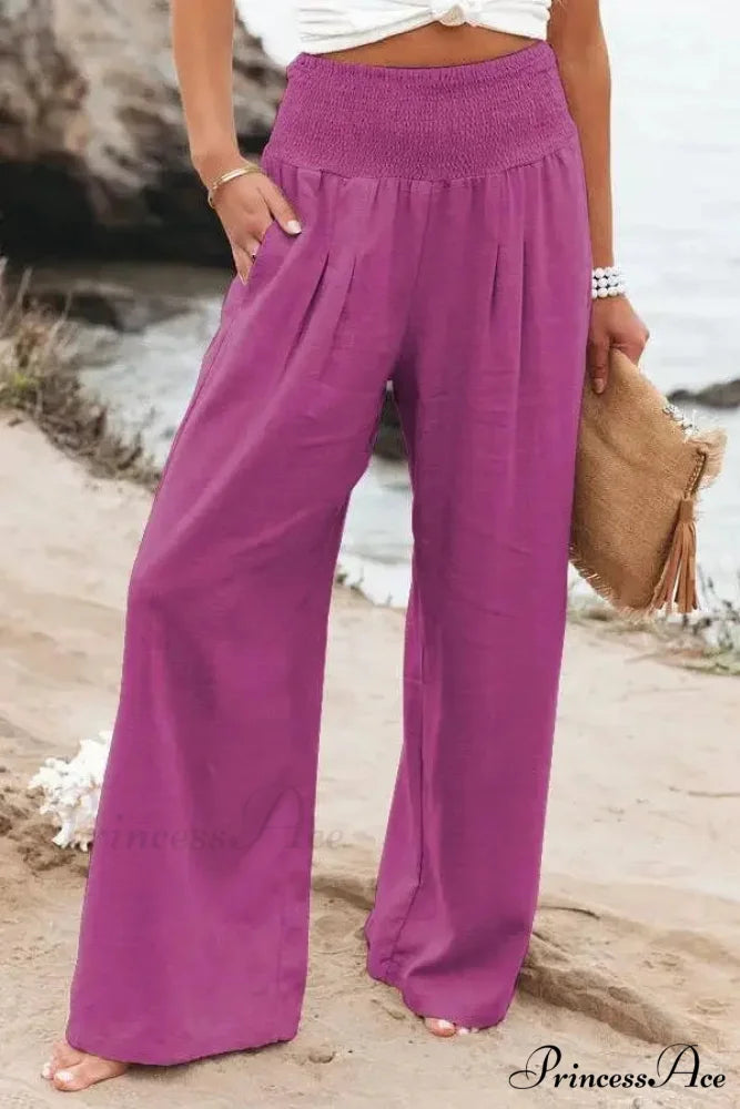 Informal Stretchy Waist Linen Broad Trousers Rose / S pants-241228