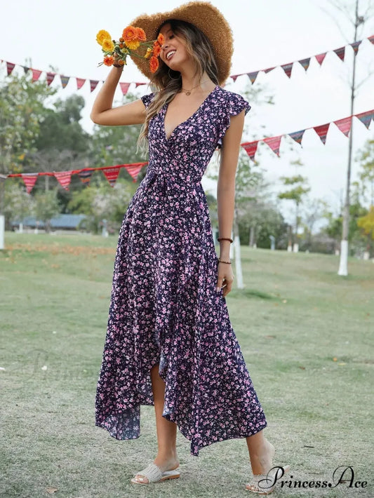 Informal Tailored Flower Pattern Dress Navy blue / S oldfloraldress-250126