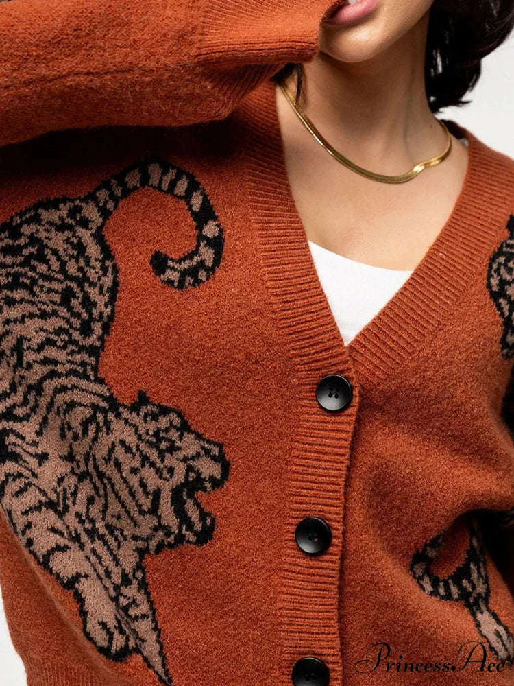 Informal Tiger Patterned Long Sleeve Cardigan cardigans-241228