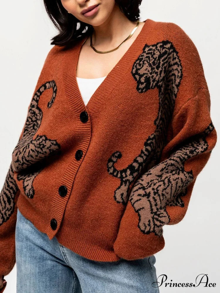 Informal Tiger Patterned Long Sleeve Cardigan purple / S cardigans-241228
