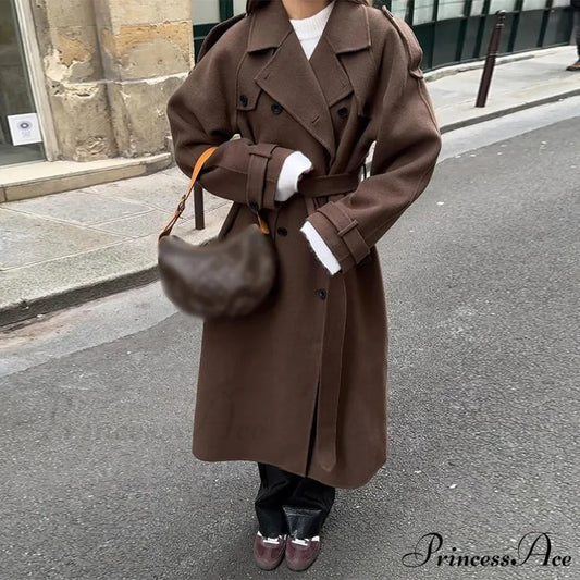 Informal Turn-Away Collar Dual-Buttoned Overcoat Brown / S overcoats-241228