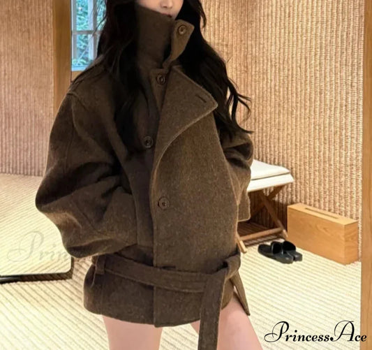 Informal Wool Tie-Up High Neck Overcoat coffee / S overcoats-241228