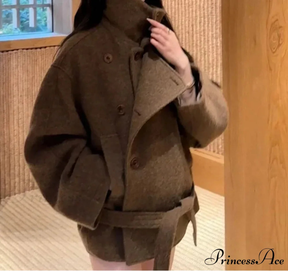 Informal Wool Tie-Up High Neck Overcoat overcoats-241228