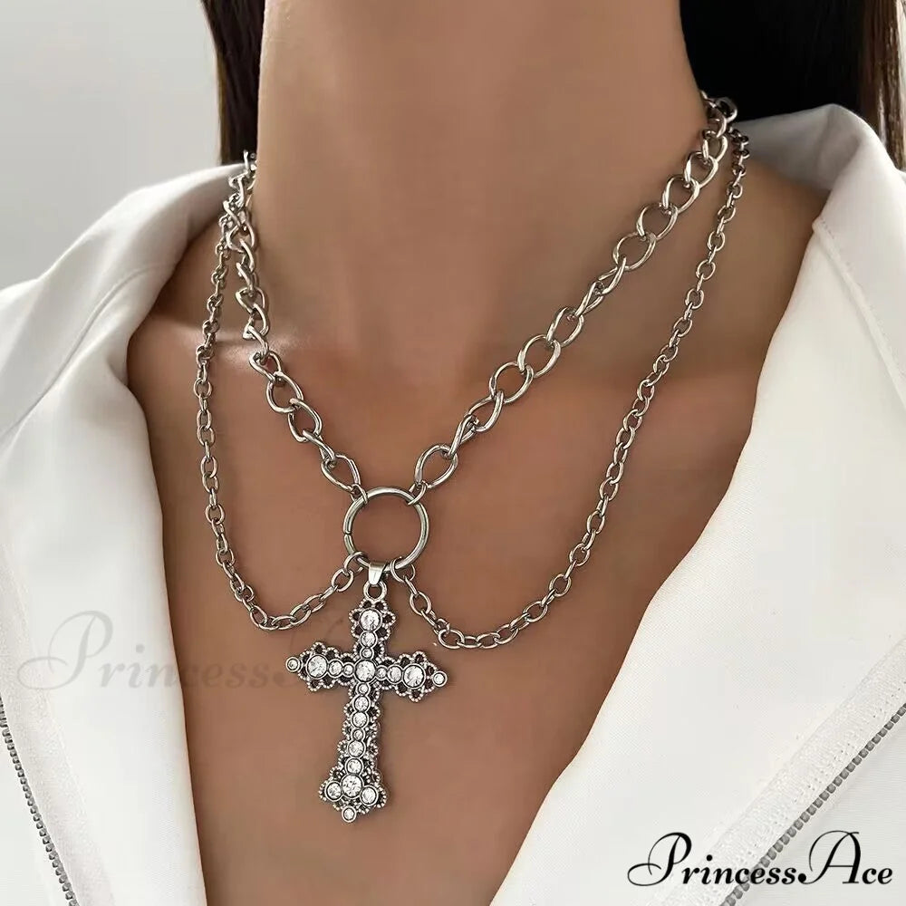 INS Alloy Vintage Diamond Cross Pendant Necklace SILVER
