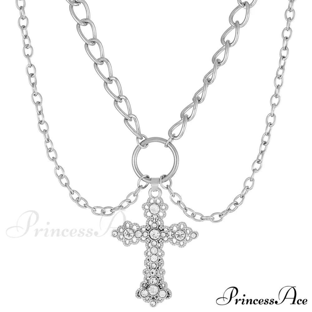 INS Alloy Vintage Diamond Cross Pendant Necklace SILVER
