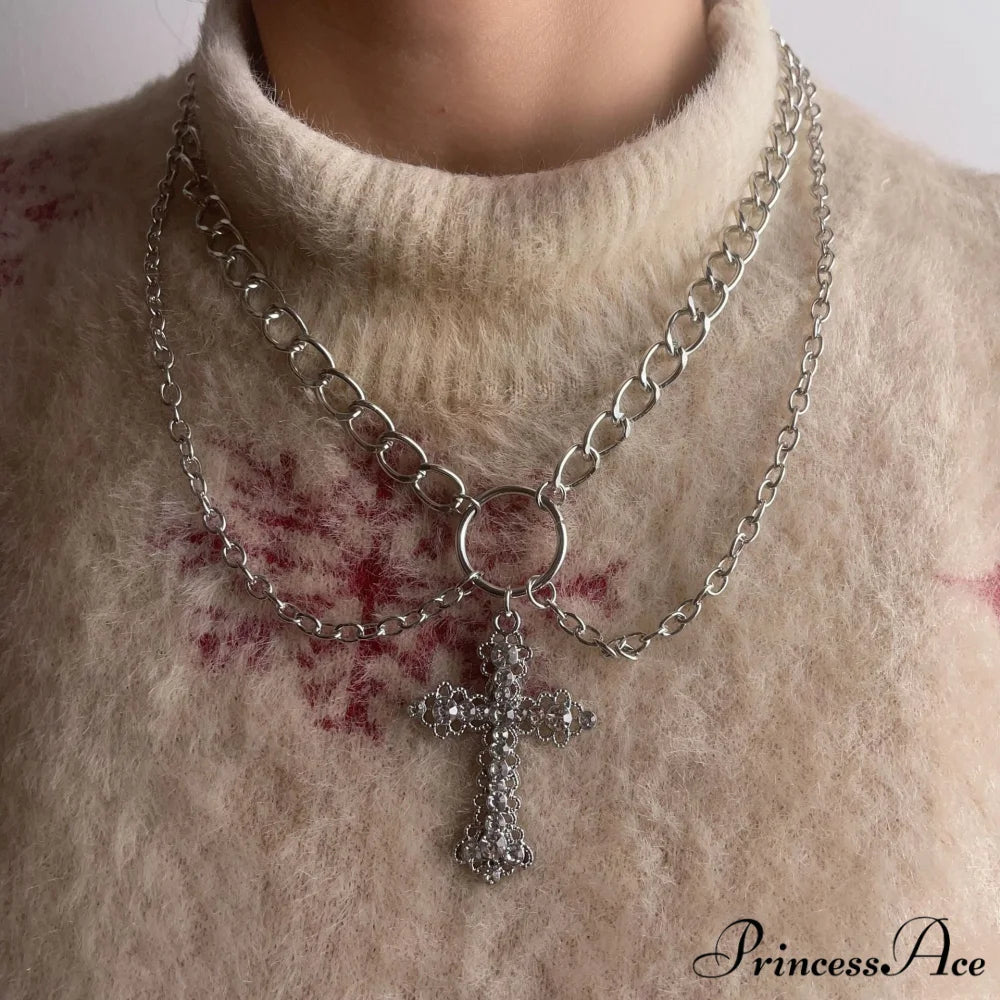INS Alloy Vintage Diamond Cross Pendant Necklace SILVER