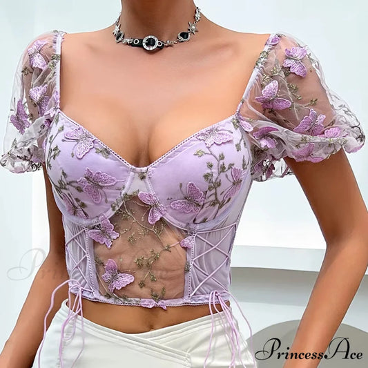Insect Stitched Mesh Puff Sleeve Lace-up Corset Top croptop-250126