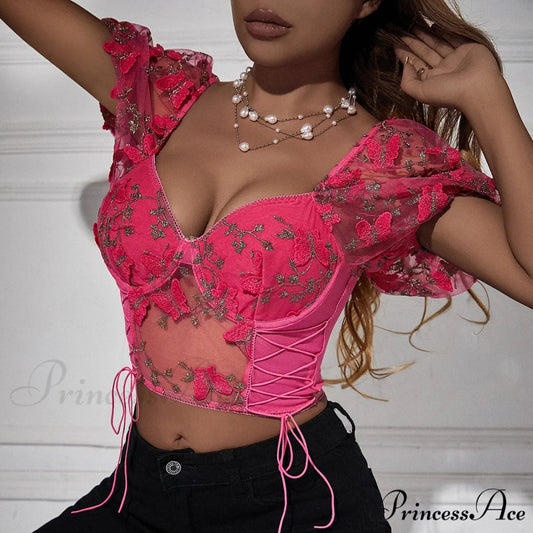 Insect Stitched Mesh Puff Sleeve Lace-up Corset Top rose red crop top / S croptop-250126