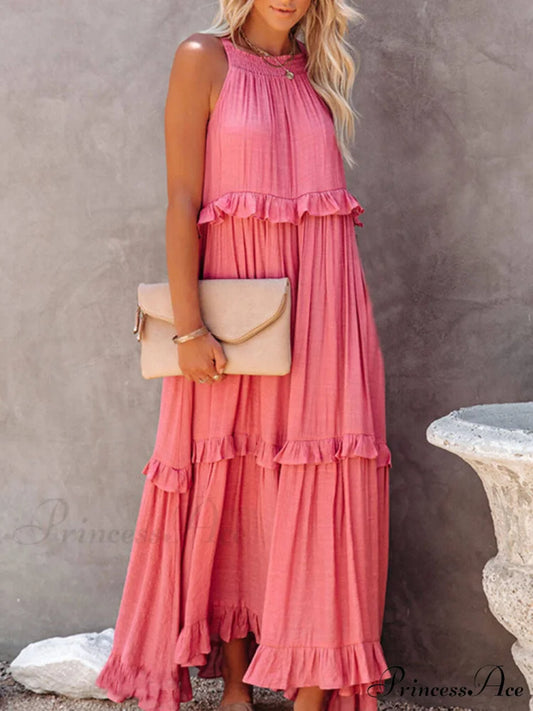 Irregular Cake Stylish Sleeveless Maxi Dress Pink / S