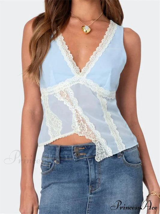 Irregular Lace Trim Low-cut Slim Crop Top BLUE / S croptop-250126
