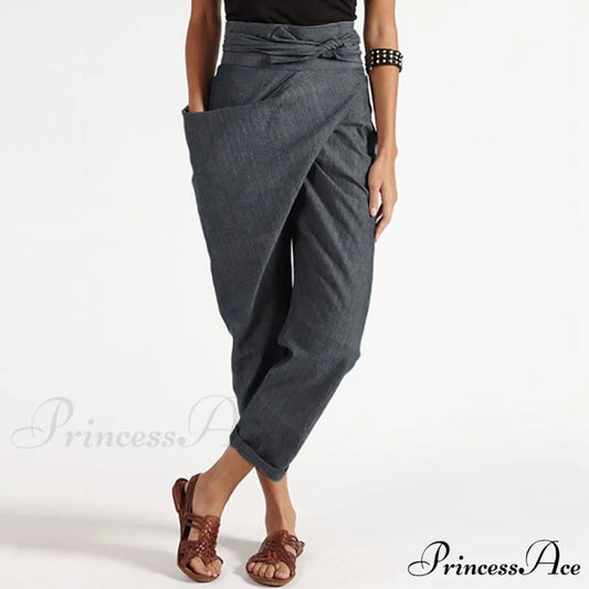 Irregular Lacing Cropped Casual Solid Color Trousers Gray / S