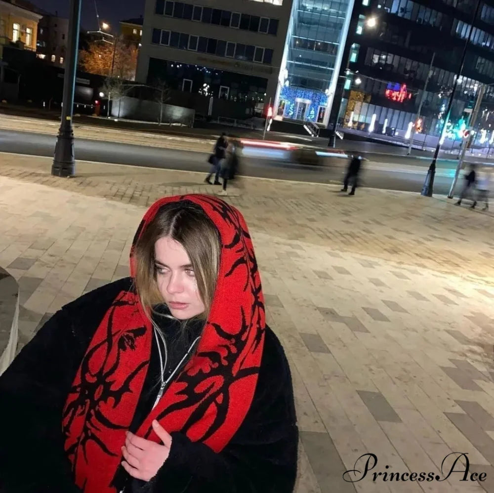 Irregular Pattern Jacquard Y2K Gothic Grunge Tassel Scarf Black / 180x25cm