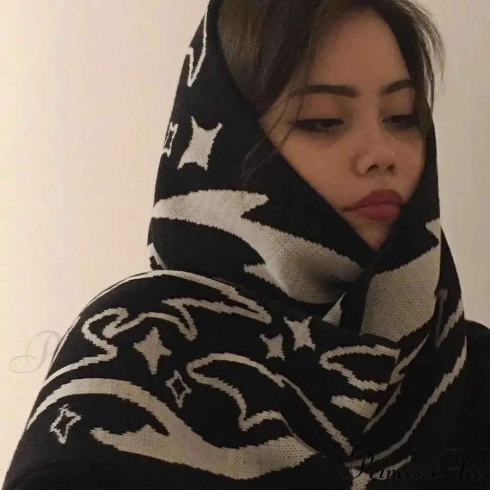 Irregular Pattern Jacquard Y2K Gothic Grunge Tassel Scarf Black / 180x25cm