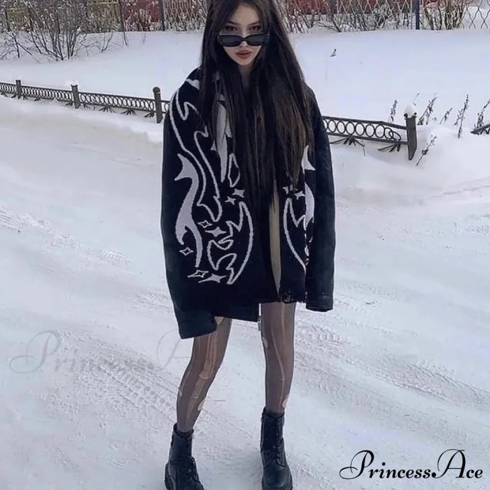 Irregular Pattern Jacquard Y2K Gothic Grunge Tassel Scarf Black / 180x25cm