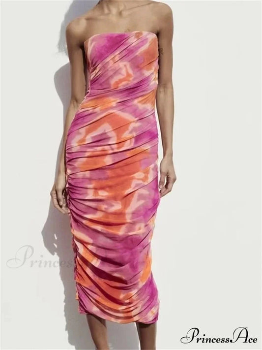 Irregular Tie Dyeing Print Tube for Women Summer Beach Party Clubwear Strapless Off Shoulder Ruched Dress PEACH / S